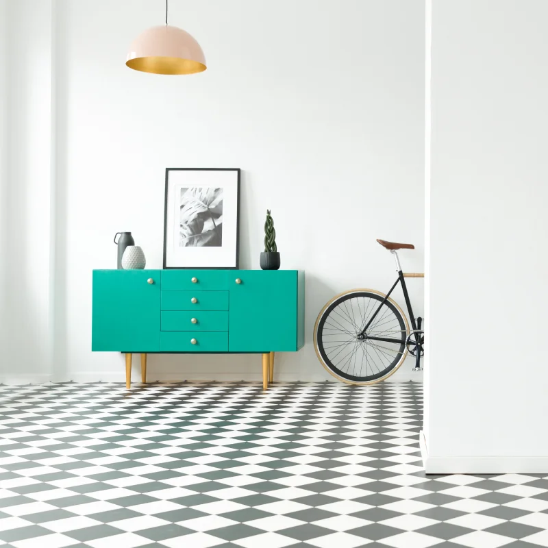 Checkered floors in modern hallway